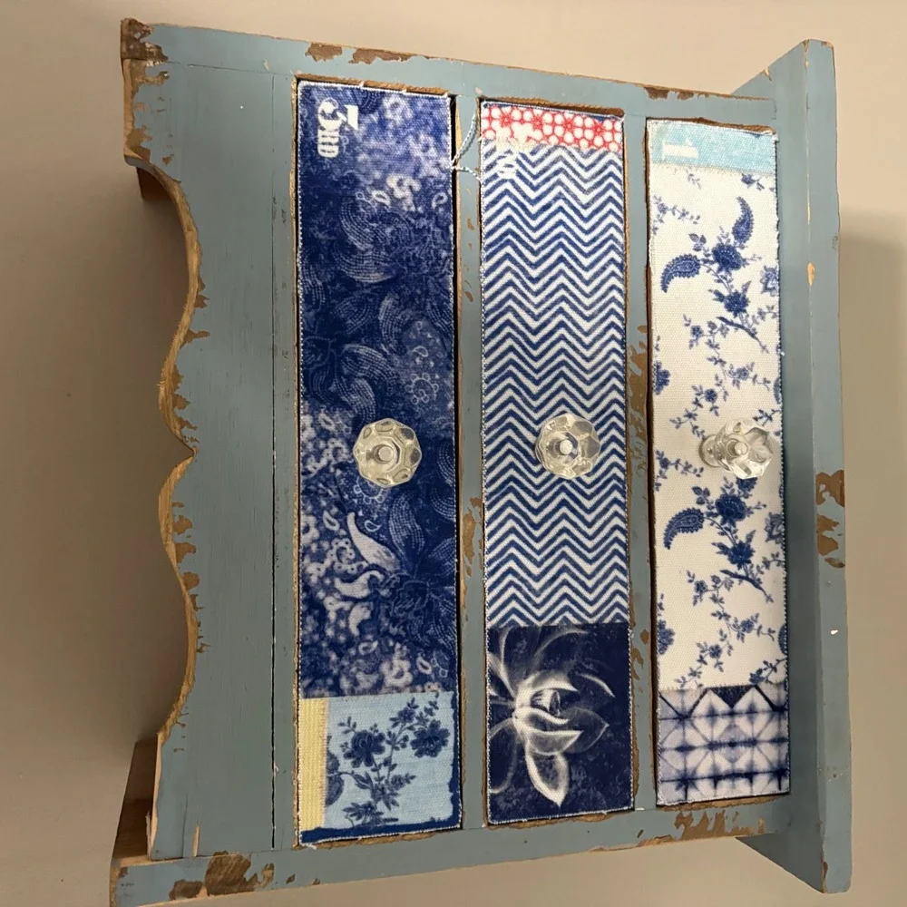 Shabby Chic Blue Distressed Mini Chest 3 Drawers Patchwork Fabric Jewelry Box